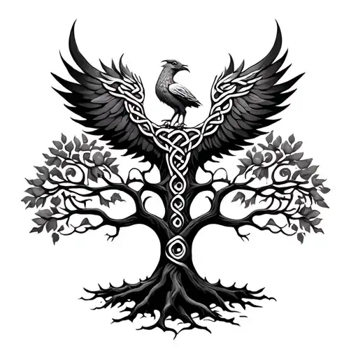 Celtic Tree Of Life With Small Phoenix In The Tree