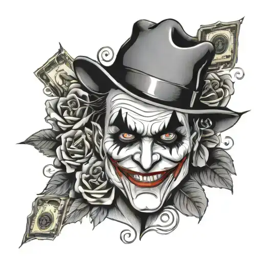 Joker Face Surrounded By Money And Roses