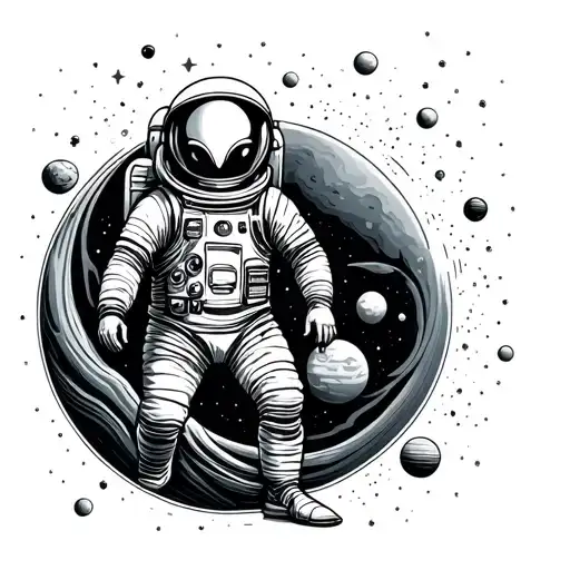 Astronaut And Alien In Space Around Planets