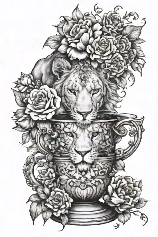 Female Lion Over Baby Cups Surrounded By Flowers Growing