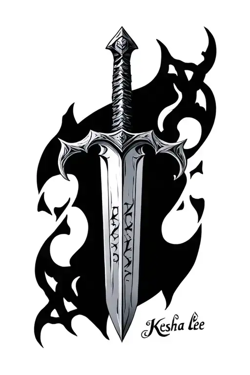 Mid Evil Sword Tattoo With The Name Keshia Lee On The Blade
