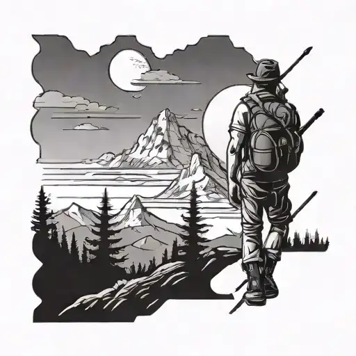 Hiker With Mountains And Sunset Sky