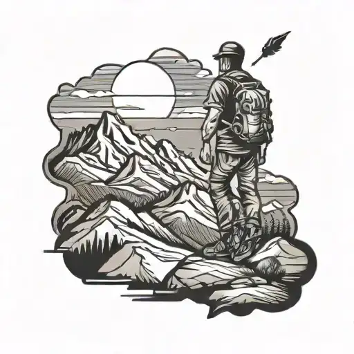 Hiker Far Away With Mountains And Sunset Background