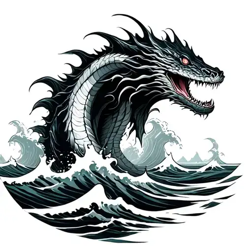 Sea Serpent Jumping Out Of The Ocean Waves