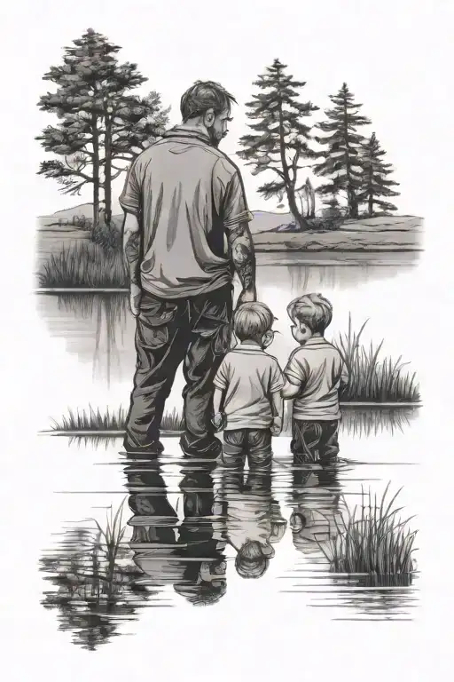 A Father And His 3 Sons Stands By A Lake Reflecting