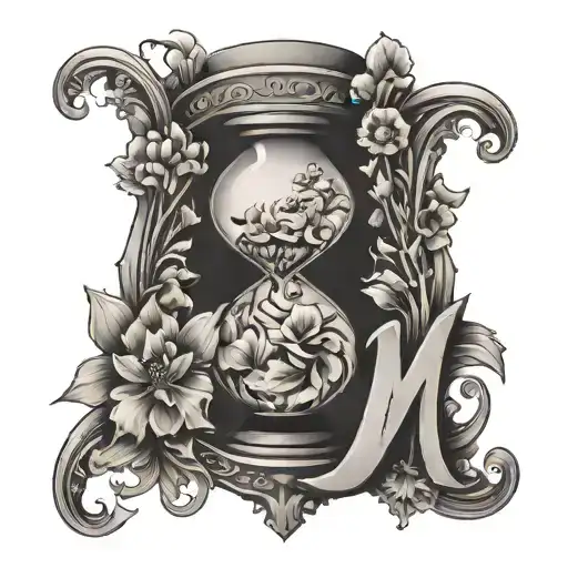 A Letter M Surrounded By Flowers On An Hourglass