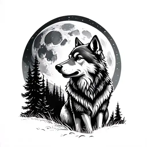 Wolf In The Forest Howls At The Moon With Space In The Background