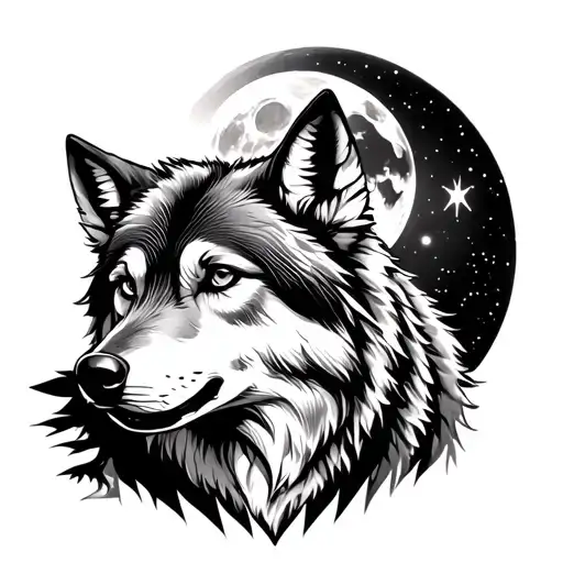 Wolf In The Forest Howls At The Moon With Space In The Background