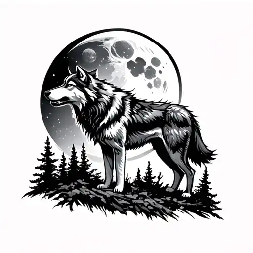Wolf In The Forest Howls At The Moon With Space In The Background