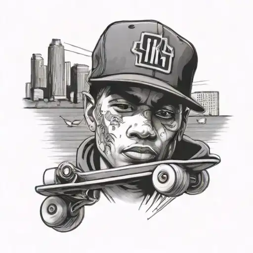 A Black And Grey Portrait Of A Skateboarding Gangster With A San Diego Skyline In The Background
