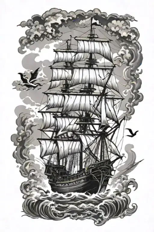 Detailed Caribbean Map With Pirate Ship Sailing Through Storm