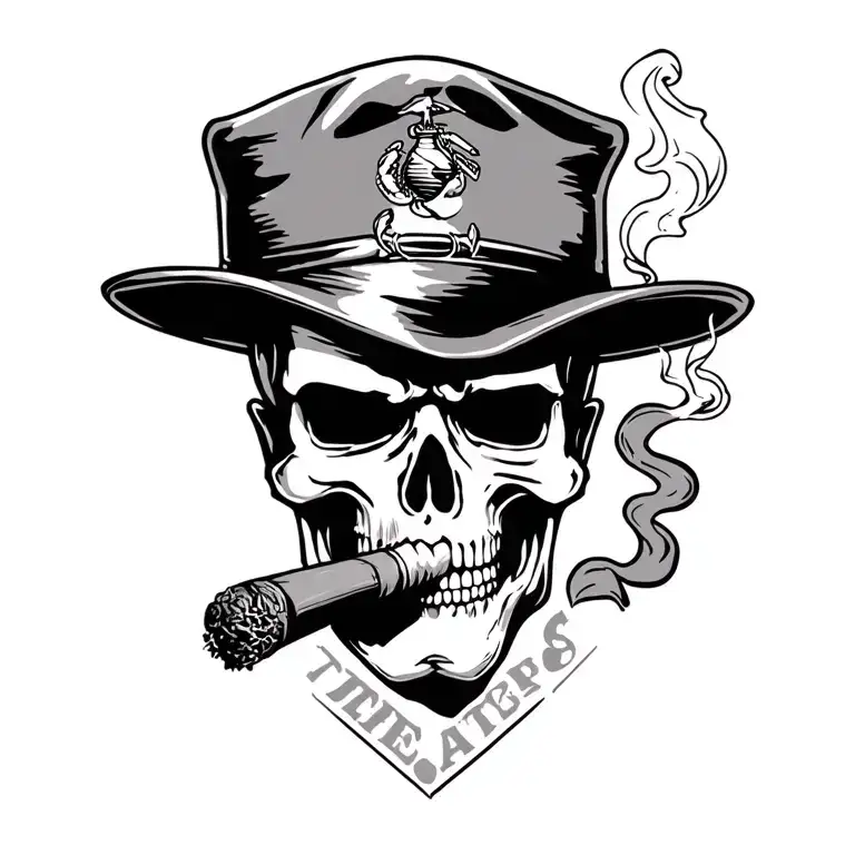 Crossed Pistion Wearing Usmc Hat & Smoking Cigar