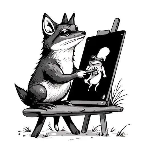 Cute Fox Painting A Picture On An Easel Of A Frog Playing