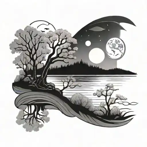 Moon And River With Cherry Trees Colors Sunset Over Lake