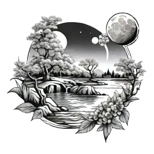 Moon And River With Cherry Trees