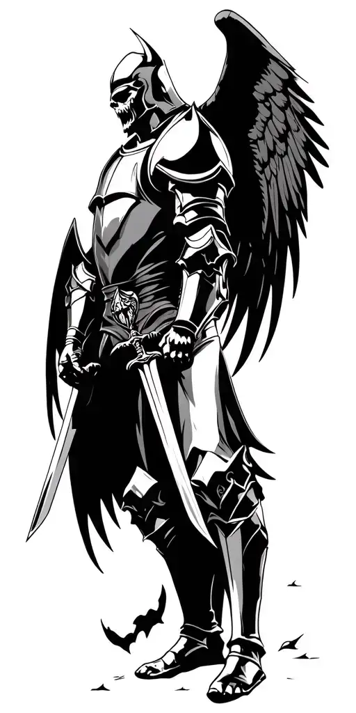 Knight In Armor With Wings Holding Sword Stabbing Satan