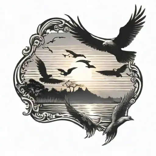 A Black-grey Tattoo Of A Sunset Setting Behind A Silhouette Of A Family Of Birds In Flight