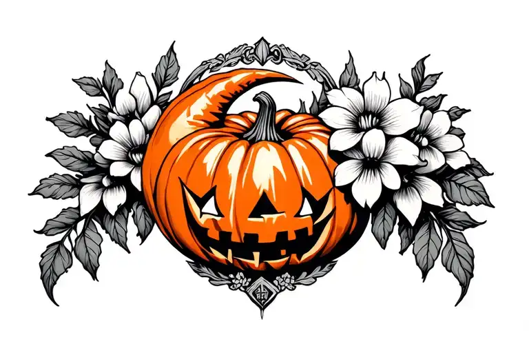 Orange Pumpkin With Flowers And Crest Moon