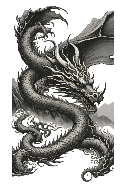 A Dark And Mysterious Dragon Emerging From A Traditional Asian Landscape