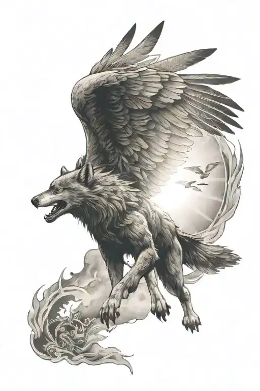 Sun Rays Shining On Wolf And Eagle Flying