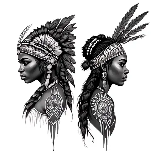 Illustrated Tattoo Model Inspired By Two Warrior Women An Amerindian And An African