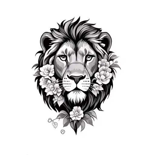Lion And Flowers Surrounding