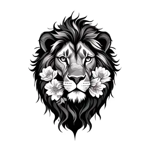Lion And Flowers Surrounding Her