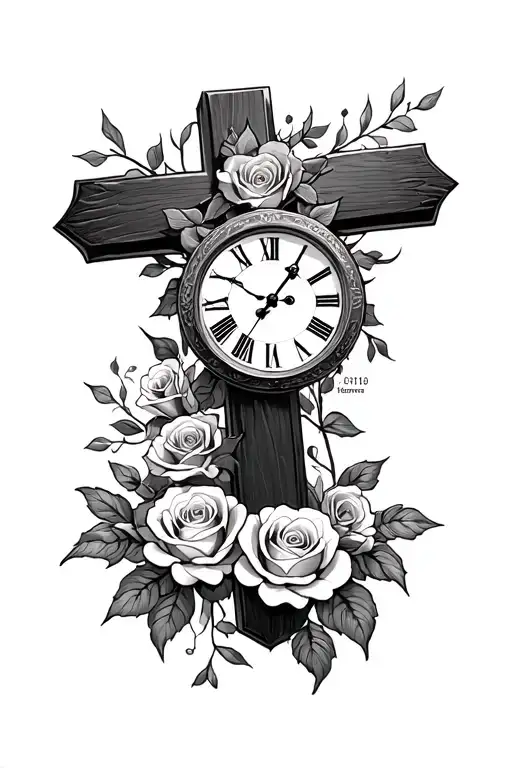 Memorial With Cross And Roses Intertwined And Clock With Name And Dates