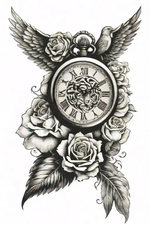 Roses Tiger Wings Crown Pocket Watch Sun Birds Clouds Cross Trees