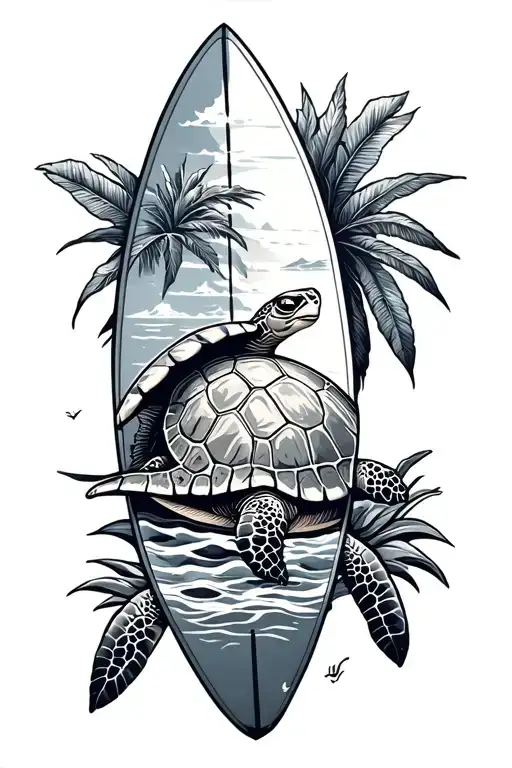 Surf Board With Beach Inside With A Sea Turtle