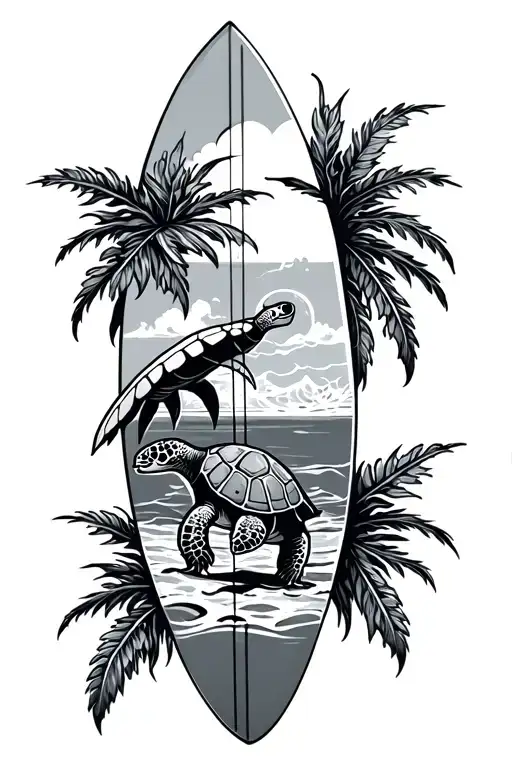 Surf Board With Beach Inside With A Sea Turtle