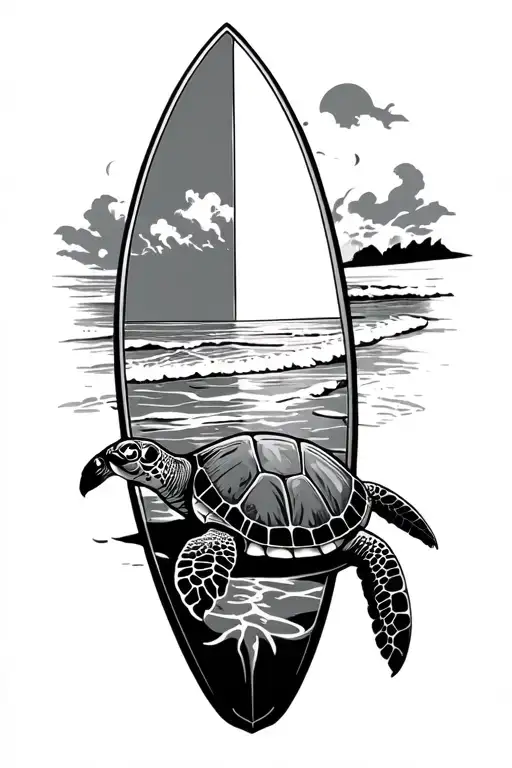 Surf Board With Beach Inside With A Sea Turtle