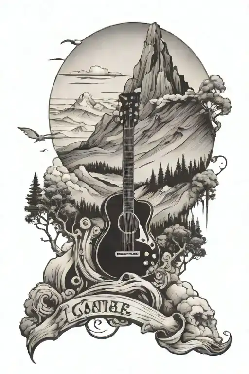A Tattoo Design Featuring A Mountain Landscape With A Hidden Guitar And Drum Set Within The Scenery