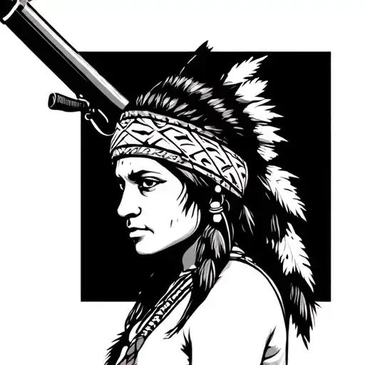 Native Woman With Headband Holding A Rifle