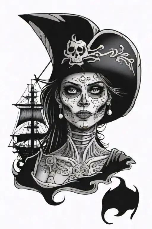 Pirate Ship With Pirate Woman Face Morphing Half Skeleton With Background