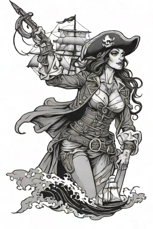 Pirate Woman And Ship Sailing Through Stormy Weather