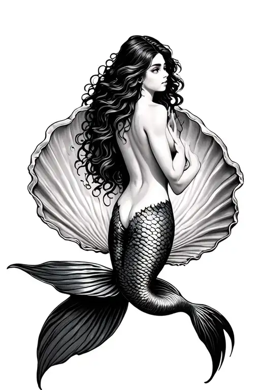 Back Of Mermaid Swimming Over Open Shell Turn