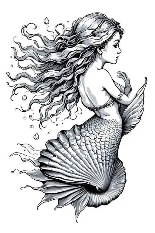 Back Of Mermaid Swimming Over Open Shell No Face Surrounded Flowing Hair