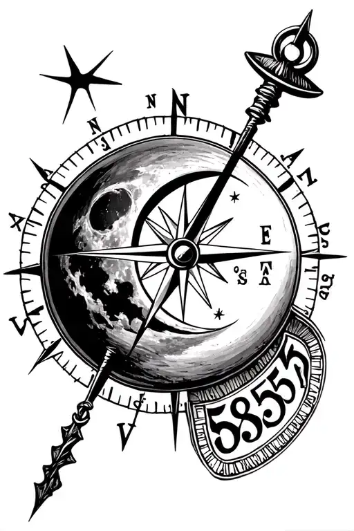 A Compass Pointing To A Moon With 5855 Written Inside