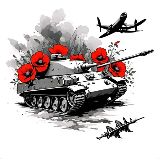 Black And White Ww2 Tattoo With Tank And Spitfire And Red Poppies
