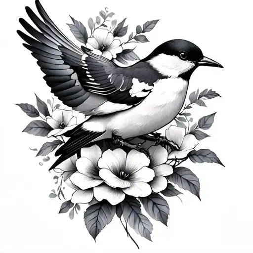 Line Art Realism Tattoo Sketch With Birds And Flowers Arm