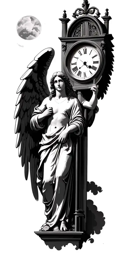 Guardian Angel Looking At Heavens Doors Open With A Grandfather Clock Above It