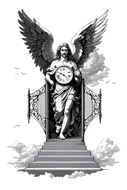 Guardian Angel Walking Up To Heavens Open Gates With A Grandfather Clock Above The Gates With Clouds