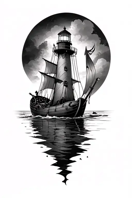 Viking Boat Storm And Lighthouse