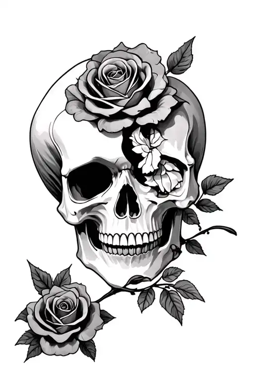 Half Skull Half Suger Skull And Three Roses
