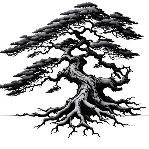 Japanese Tree With Roots And Branches Shaping Like A Logo