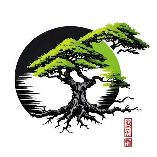 Japanese Tree With Roots And Branches Shaping Like A Logo With Green Color And Round Shaped Logo