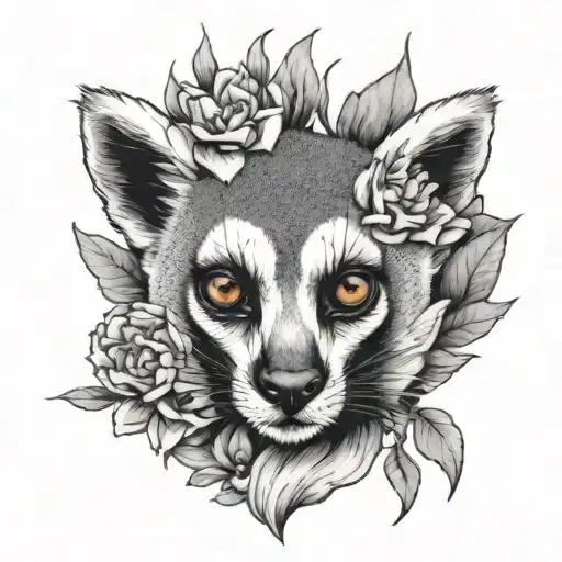 A Black-grey Tattoo Of A Lemurs Face With Peony Petals Falling Around It Like A Crown