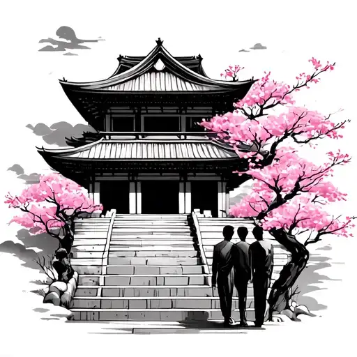 Asian Temple With Steps With Two Gay Lovers And Cherry Blossom Trees