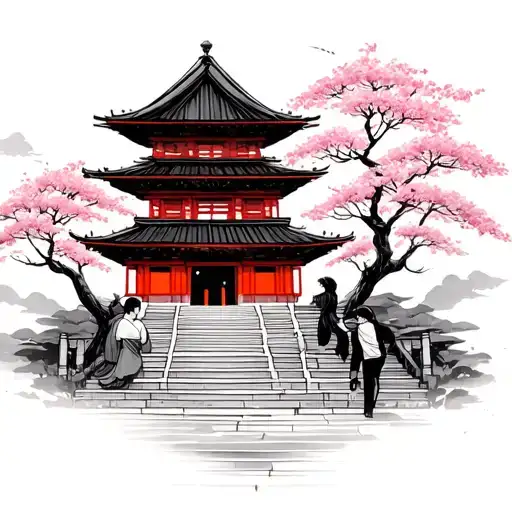 Asian Temple With Steps With Gay Lovers And Cherry Blossom Trees